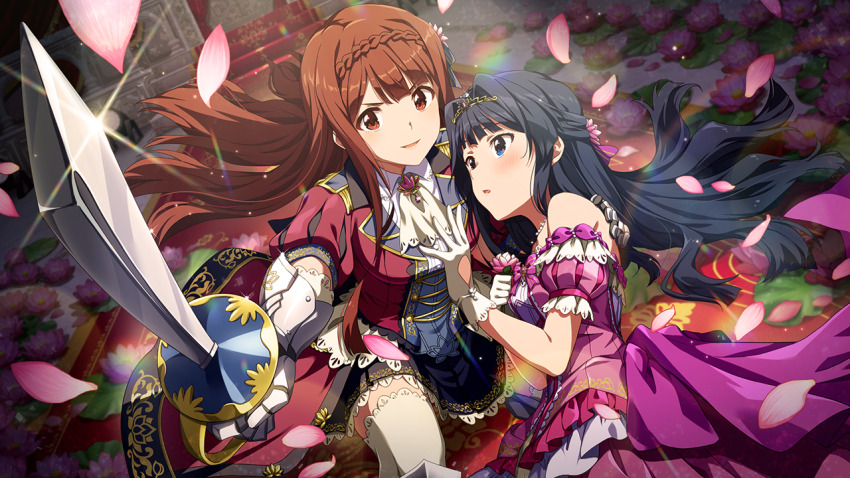 2girls, black_skirt, blue_eyes, brown_eyes, brown_hair, coat, commentary_request, detached_sleeves