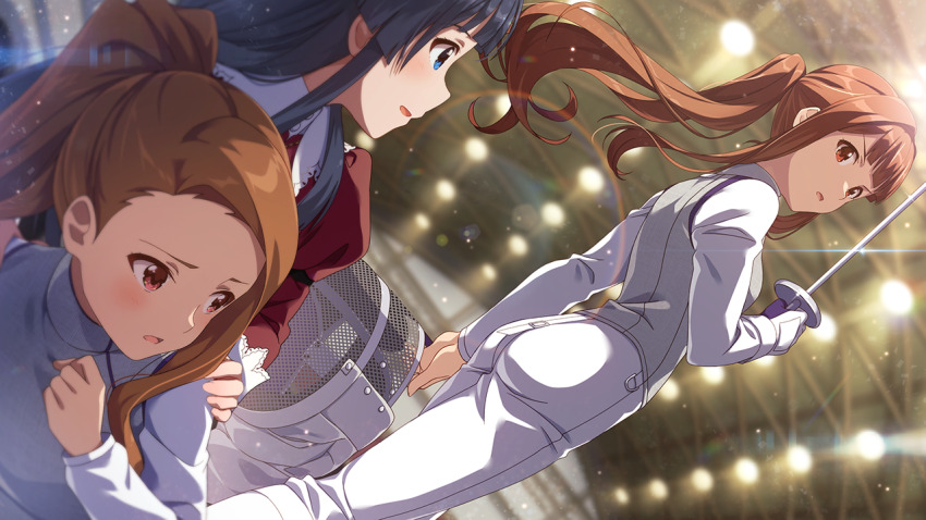 3girls, ass, black_hair, blue_eyes, brown_hair, child, commentary_request, dutch_angle