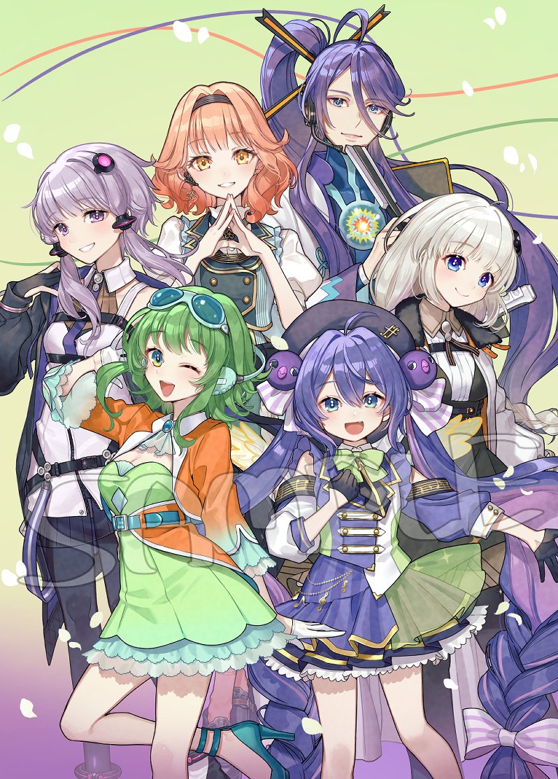 1boy, 5girls, ;d, ahoge, black_hairband, black_hat, black_jacket, blue-tinted_eyewear