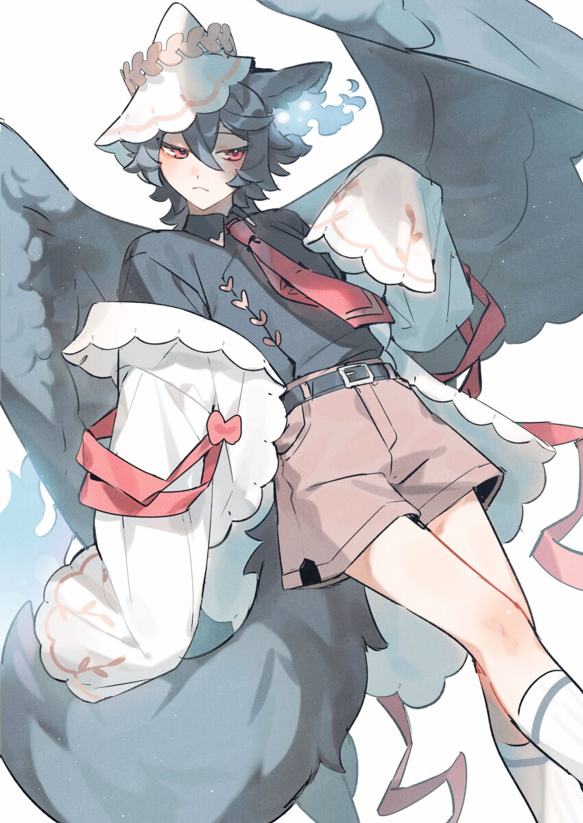 1boy, absurdres, animal_ears, black_shirt, blue_fire, coat, commentary_request, dutch_angle