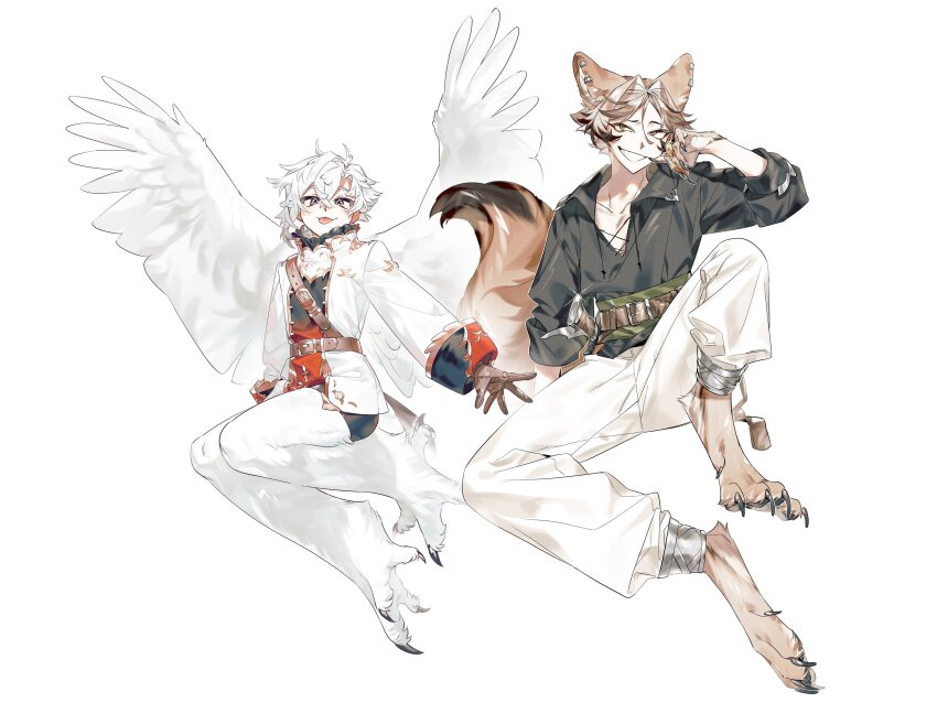 2boys, absurdres, animal_ears, animal_feet, animal_hands, baggy_pants, bird_boy, bird_tail