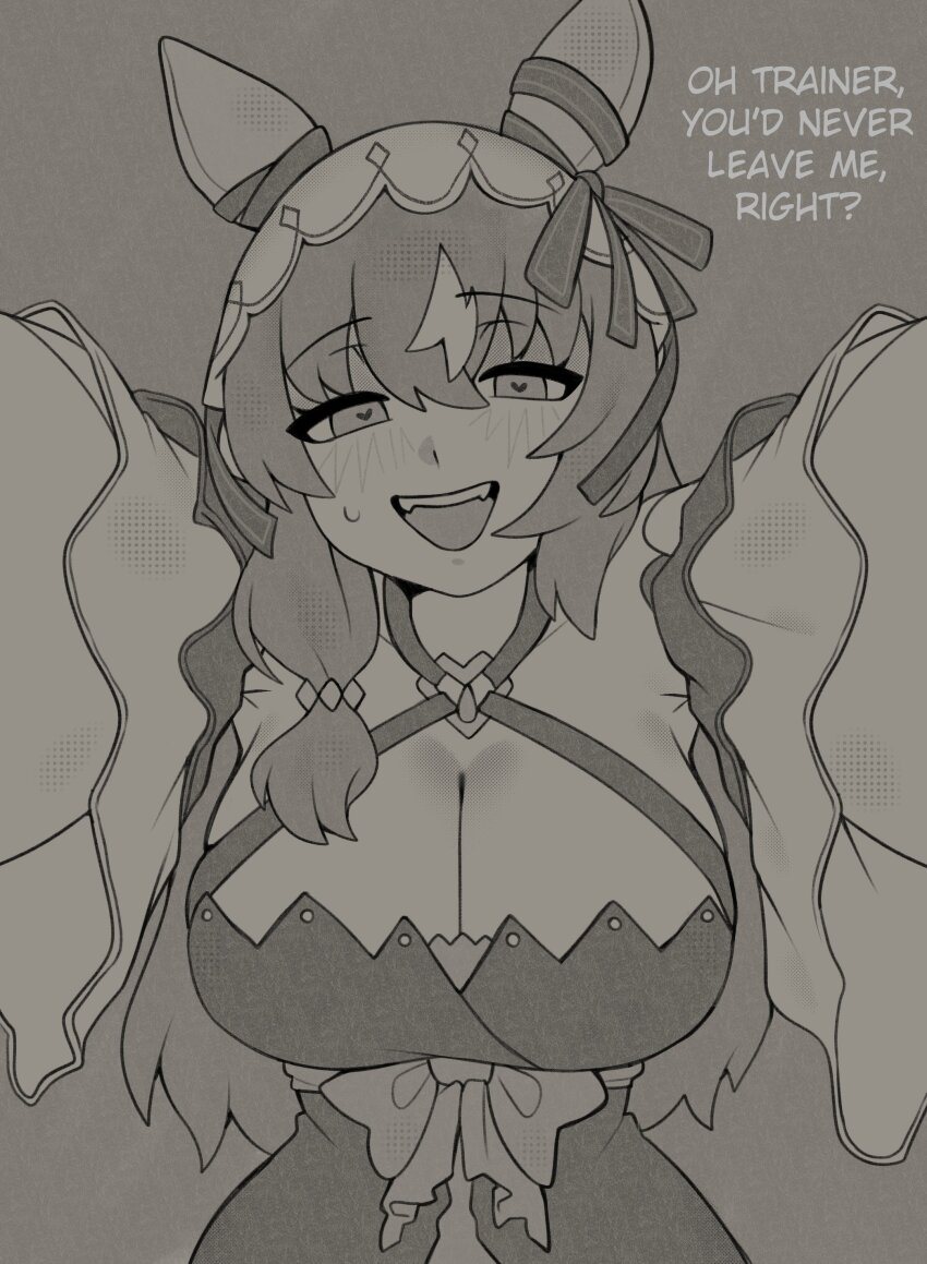 1girl, :d, absurdres, animal_ears, breasts, cleavage, ear_covers, english_text