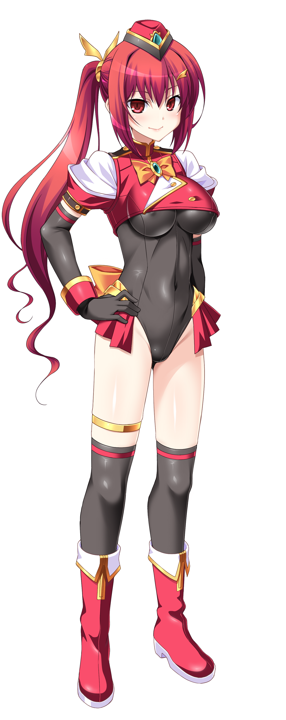 1girl, absurdres, aoi_masami, asamiya_minami, black_gloves, black_leotard, black_thighhighs, blush, boots, bow, breasts, covered_erect_nipples, covered_navel, elbow_gloves, full_body, game_cg, garrison_cap, gloves, hair_ornament, hairclip, hand_on_own_hip, hat, highres, jewelry, knight_ignis, large_variant_set, leotard, long_hair, looking_at_viewer, magical_girl, medium_breasts, non-web_source, official_art, red_eyes, red_hair, self-datamine, short_sleeves, showgirl_skirt, side_ponytail, smile, solo, standing, tachi-e, thigh_strap, thighhighs, thighlet, transparent_background, ts_magical_girl_nao, variant_set