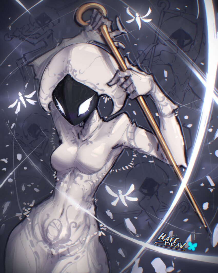 1girl, arthropod_girl, colored_skin, hatidraw, highres, holding, holding_weapon, hollow_knight