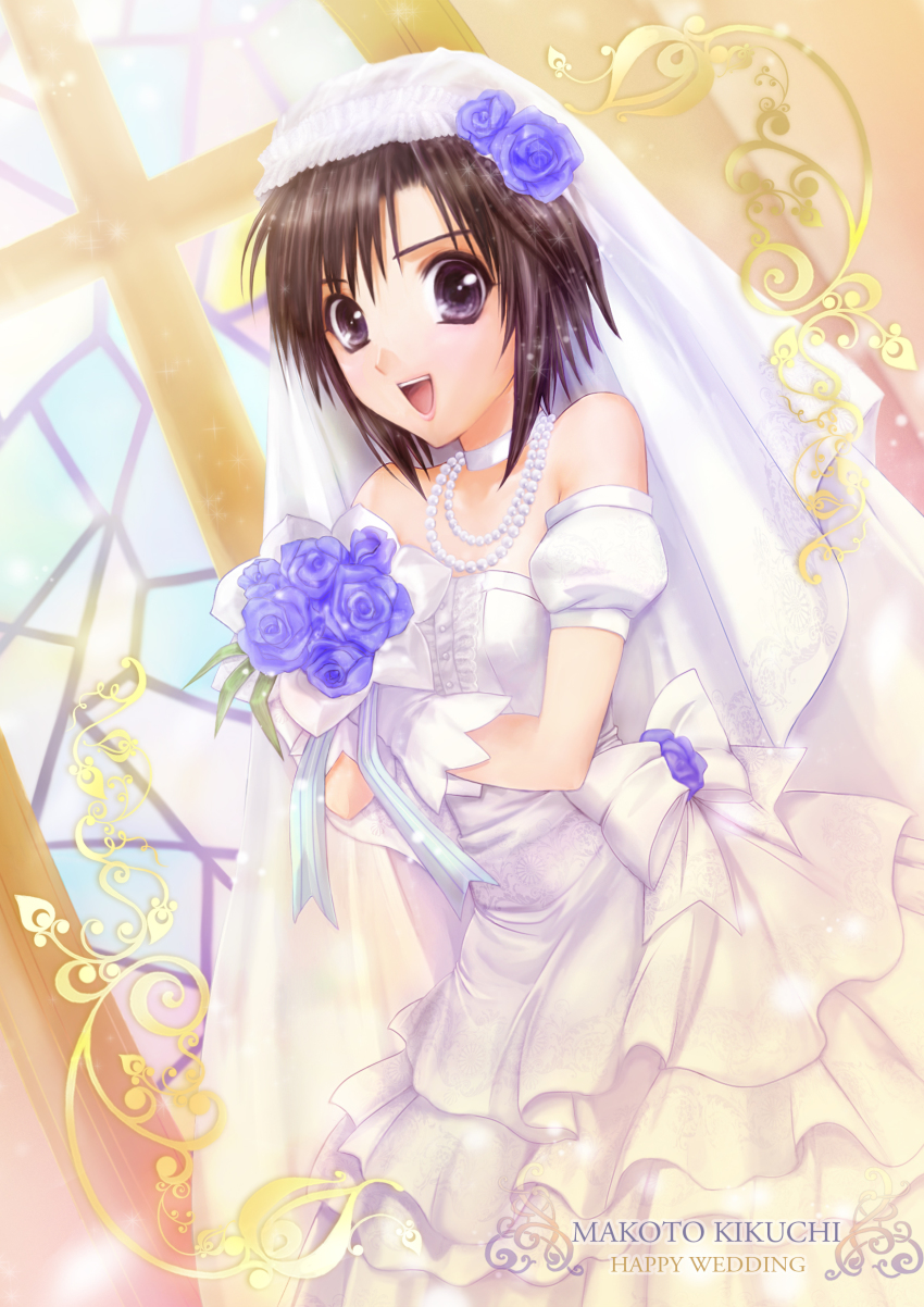 1girl, :d, absurdres, bad_id, bad_pixiv_id, bare_shoulders, black_hair, blue_flower