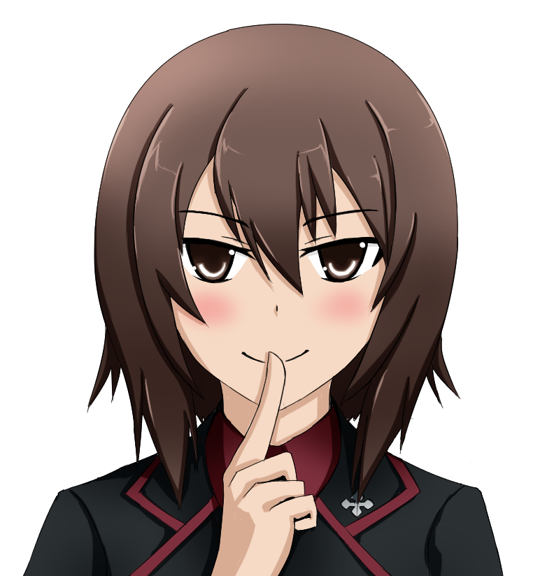 1girl, black_jacket, blush, brown_eyes, brown_hair, cross, finger_to_mouth, girls_und_panzer