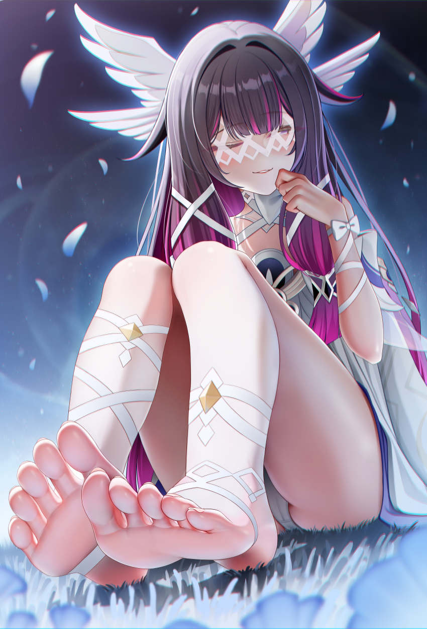 absurdres, atom_b, barefoot, closed_eyes, columbina_(genshin_impact), eye_mask, fatui_coat, feathered_wings