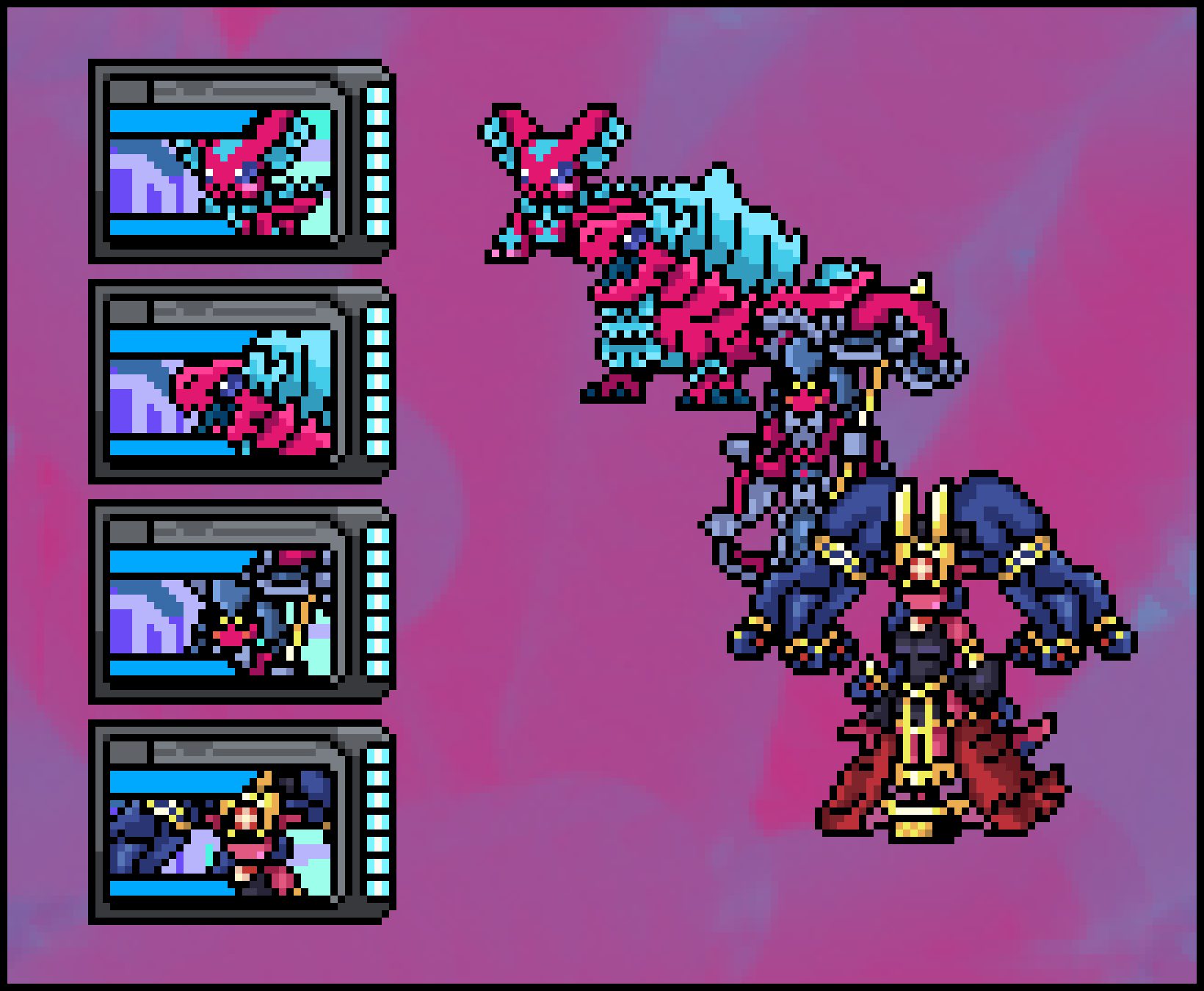 black_eyes, black_sclera, blue_eyes, blue_hair, claws, colored_sclera, crown, digimon, digimon_(creature), dimetromon, elizamon, hat, hekino_official, highres, horns, lamia, lamiamon, long_hair, mask, medusamon, monster_girl, pixel_art, ribbon, snake, snake_hair, tail, yellow_eyes