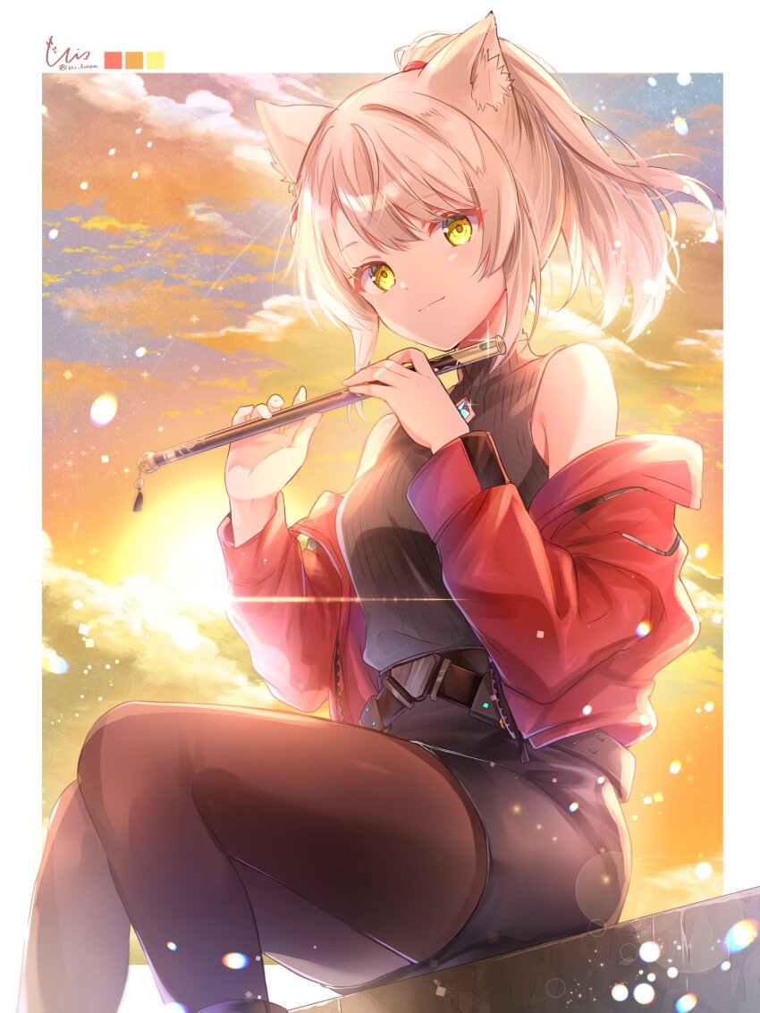 1girl, animal_ear_fluff, animal_ears, artist_name, bare_shoulders, black_shirt, black_skirt, border