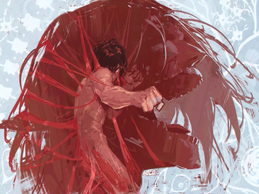 1boy, brown_hair, clenched_hands, dual_persona, eren_yeager, glowing, glowing_eyes, grey_background