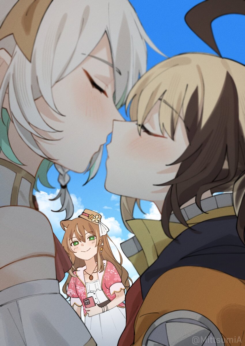 absurdres, ahoge, animal_ears, ayunda_risu, ayunda_risu_(indonesian_casual), blonde_hair, blue_sky, blurry