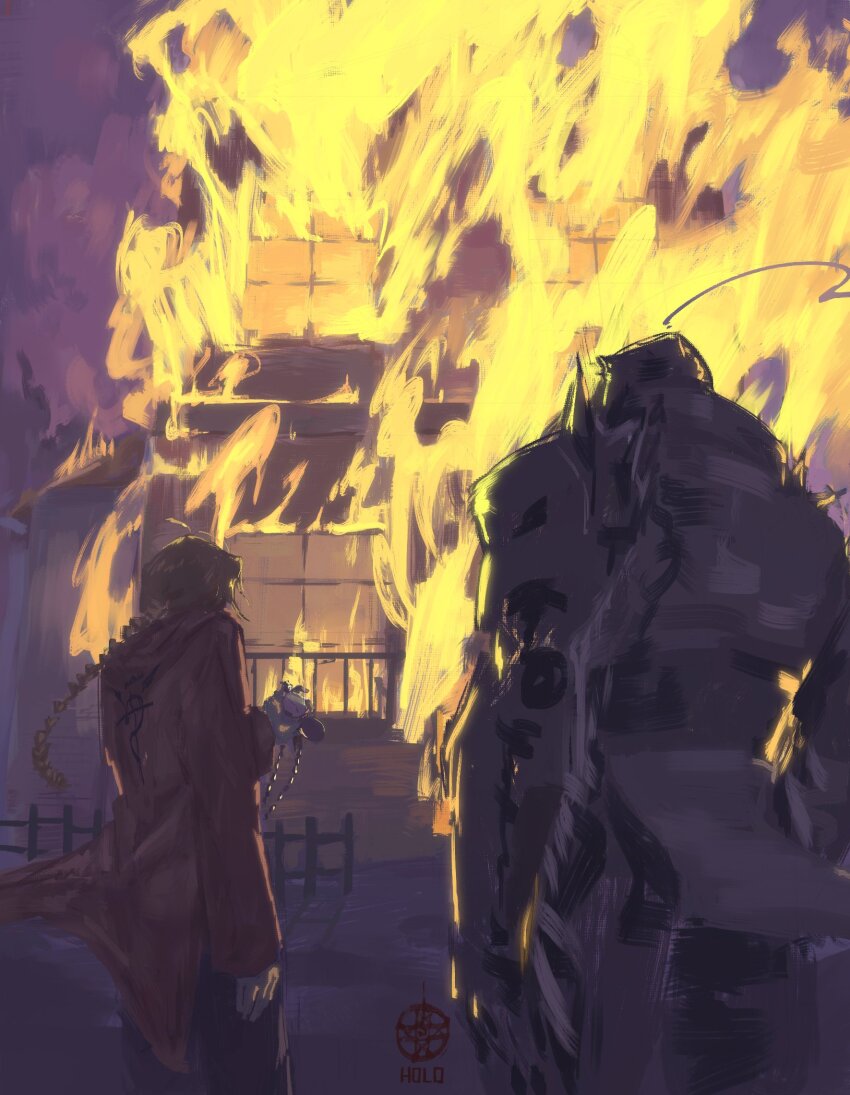2boys, alphonse_elric, armor, blonde_hair, braid, brothers, burning, coat