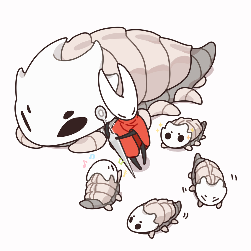 1girl, arthropod_girl, beastling_(hollow_knight), bell_beast_(hollow_knight), cloak, closed_eyes, highres, holding, holding_weapon, hollow_knight, hollow_knight:_silksong, hornet_(hollow_knight), instrument, maou_skun, music, musical_note, nail_(hollow_knight), no_humans, one_eye_closed, playing_instrument, red_cloak, simple_background, solid_circle_eyes, sparkle, weapon, white_background