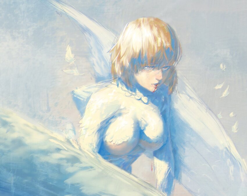 1girl, blonde_hair, blood, blood_from_mouth, breasts, dungeon_meshi, falin_touden, falin_touden_(chimera)