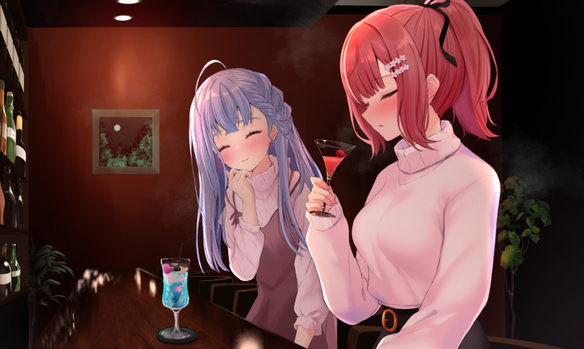 2girls, :o, ahoge, bar_(place), blush, braid, breasts, brown_dress