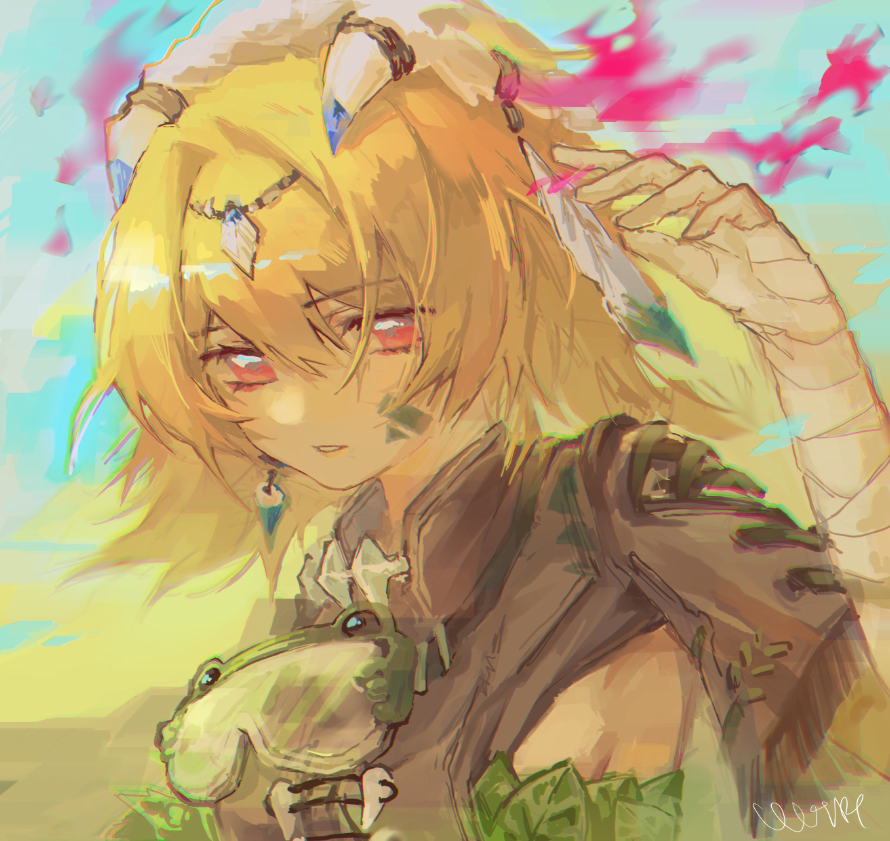 1girl, animal_skull, blonde_hair, bob_cut, breasts, cece_(cl4pl), fuchsia_(forest_adventure)_(strinova), fuchsia_(strinova)