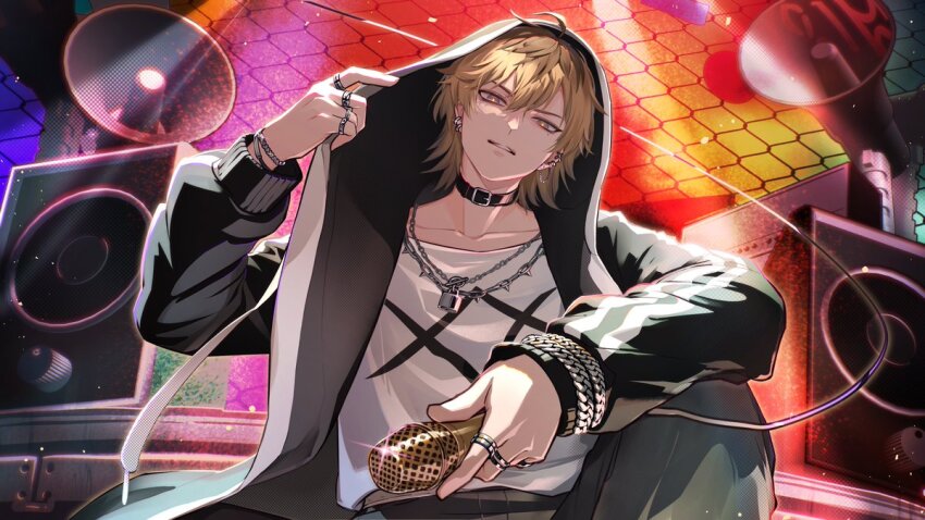 1boy, belt_collar, black_choker, black_jacket, blonde_hair, brown_eyes, chain-link_fence, choker, collar, commentary_request, fence, gonza_(kimura01), holding, holding_microphone, jacket, jewelry, lock, looking_at_viewer, male_focus, microphone, multiple_rings, necklace, noa_(synthesizer_v), official_art, open_clothes, open_jacket, parted_lips, ring, shirt, solo, sparkle, speaker, synthesizer_v, white_shirt