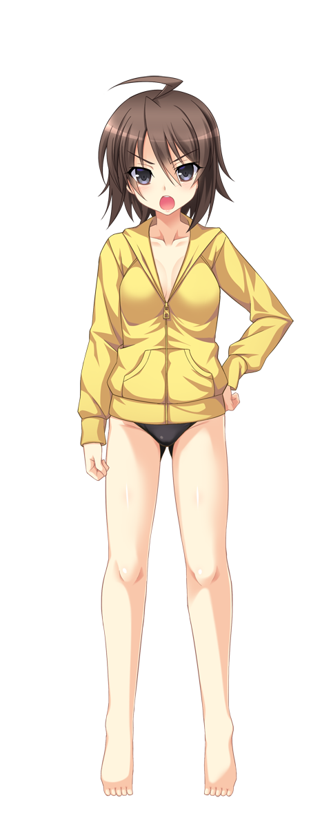 1girl, ahoge, amagi_nao, aoi_masami, barefoot, bikini, bikini_bottom_only, black_eyes