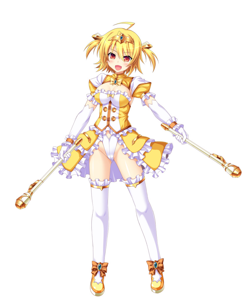 1girl, absurdres, ahoge, amagi_nao, aoi_masami, arty_flare, blonde_hair, blush, breasts, cleavage, dress, dual_wielding, elbow_gloves, frills, full_body, game_cg, genderswap, genderswap_(mtf), gloves, highres, holding, jewelry, large_breasts, leotard, looking_at_viewer, magical_girl, non-web_source, official_art, open_mouth, puffy_short_sleeves, puffy_sleeves, red_eyes, self-datamine, short_hair, short_sleeves, showgirl_skirt, smile, solo, standing, thighhighs, tiara, transparent_background, ts_magical_girl_nao, two_side_up, variant_set, white_gloves, white_thighhighs