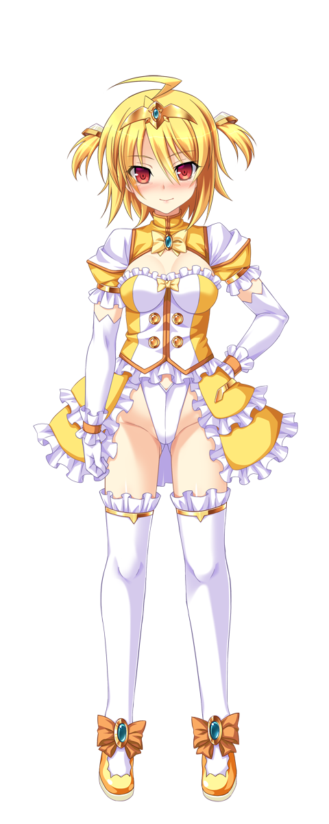 1girl, ahoge, amagi_nao, aoi_masami, arty_flare, blonde_hair, blush, breasts, cleavage, cleavage_cutout, clothing_cutout, dress, elbow_gloves, frills, full_body, game_cg, genderswap, genderswap_(mtf), gloves, hand_on_own_hip, highres, jewelry, leotard, looking_at_viewer, magical_girl, medium_breasts, non-web_source, official_art, puffy_sleeves, red_eyes, self-datamine, short_hair, short_sleeves, showgirl_skirt, smile, solo, standing, thighhighs, tiara, transparent_background, ts_magical_girl_nao, two_side_up, variant_set, white_gloves, white_thighhighs