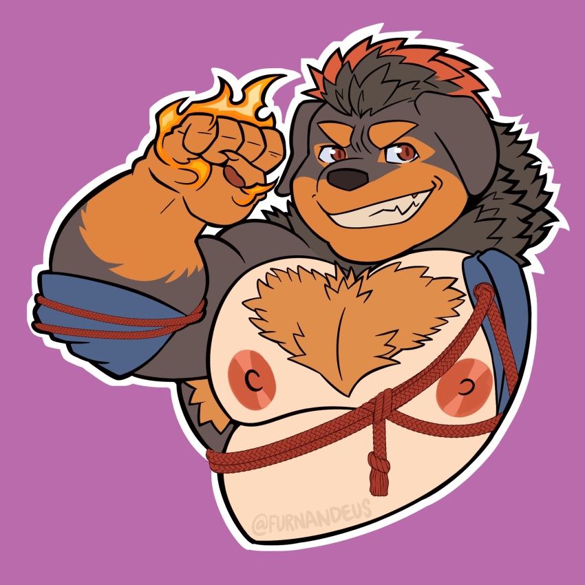 1boy, animal_ears, artist_name, bara, belly, chest_tuft, claws, clenched_hand