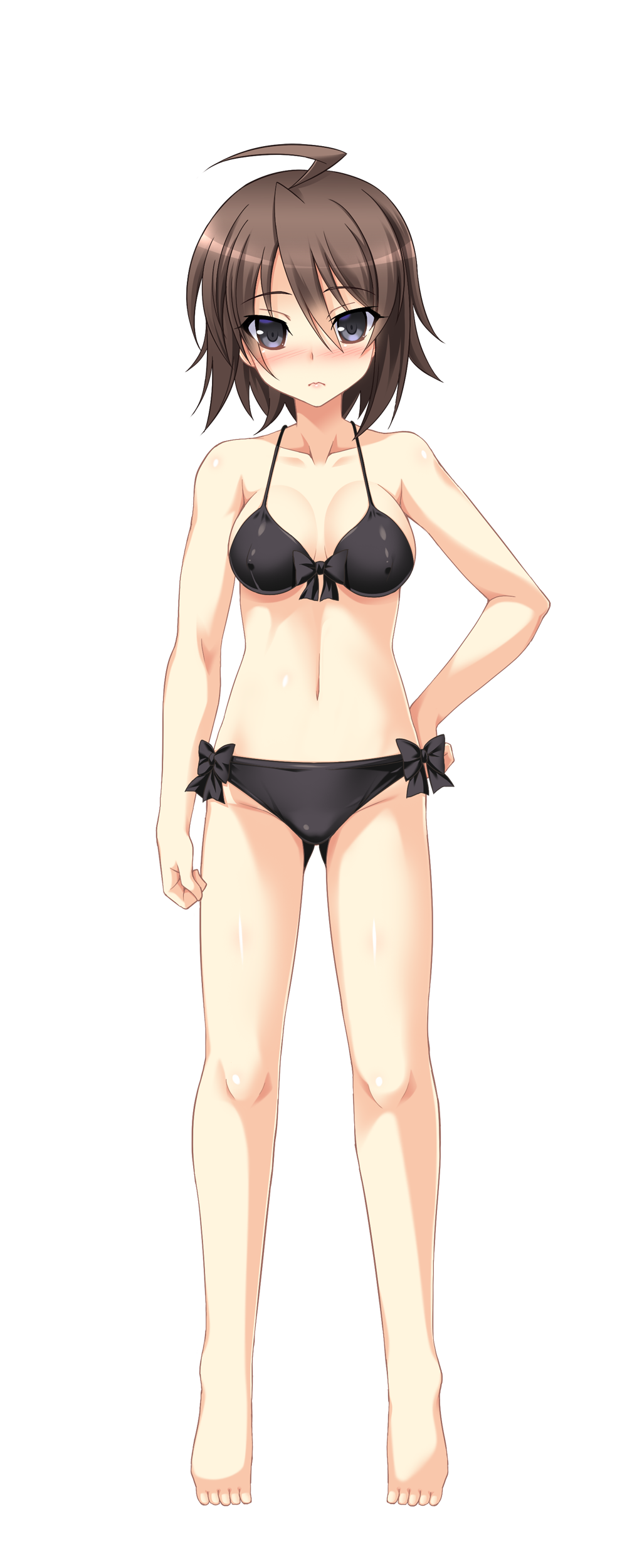 1girl, absurdres, ahoge, amagi_nao, aoi_masami, bare_shoulders, barefoot, bikini, black_bikini, black_eyes, blush, bow, bow_bikini, breasts, brown_hair, cleavage, collarbone, front-tie_top, full_body, game_cg, genderswap, genderswap_(mtf), gluteal_fold, hand_on_own_hip, highres, looking_at_viewer, medium_breasts, navel, non-web_source, official_art, self-datamine, short_hair, solo, standing, swimsuit, tachi-e, transparent_background, ts_magical_girl_nao, variant_set