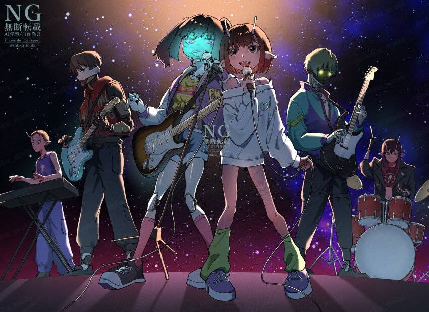 3boys, 3girls, alien, android, antennae, badge, band_(music), belt