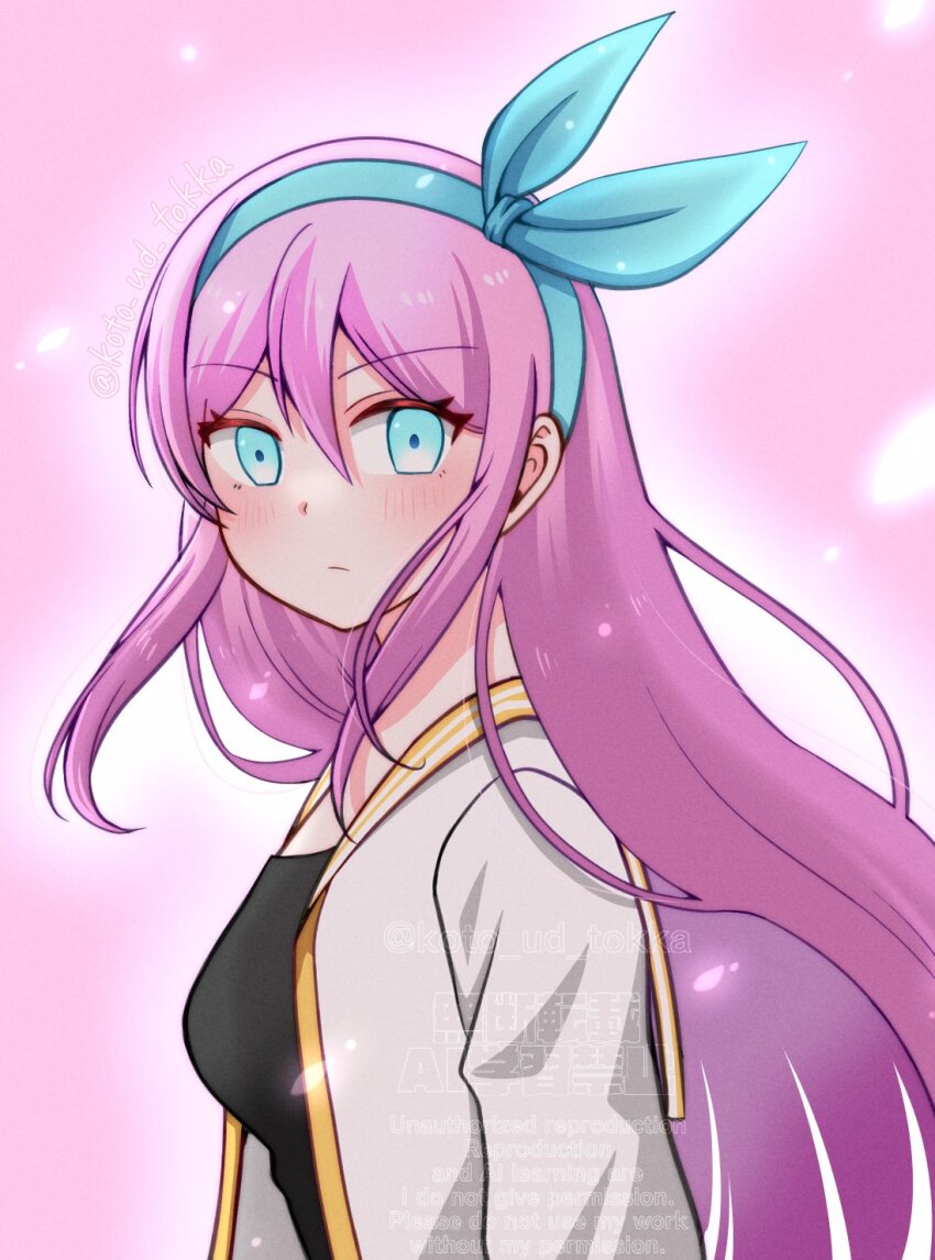 1girl, aubrey_(faraway)_(omori), aubrey_(omori), blue_eyes, blue_hairband, blush, breasts, closed_mouth, double-parted_bangs, hair_between_eyes, hairband, highres, hisaho, jacket, long_hair, looking_at_viewer, medium_breasts, omori, pink_hair, short-sleeved_jacket, short_sleeves, solo, upper_body, watermark, white_jacket