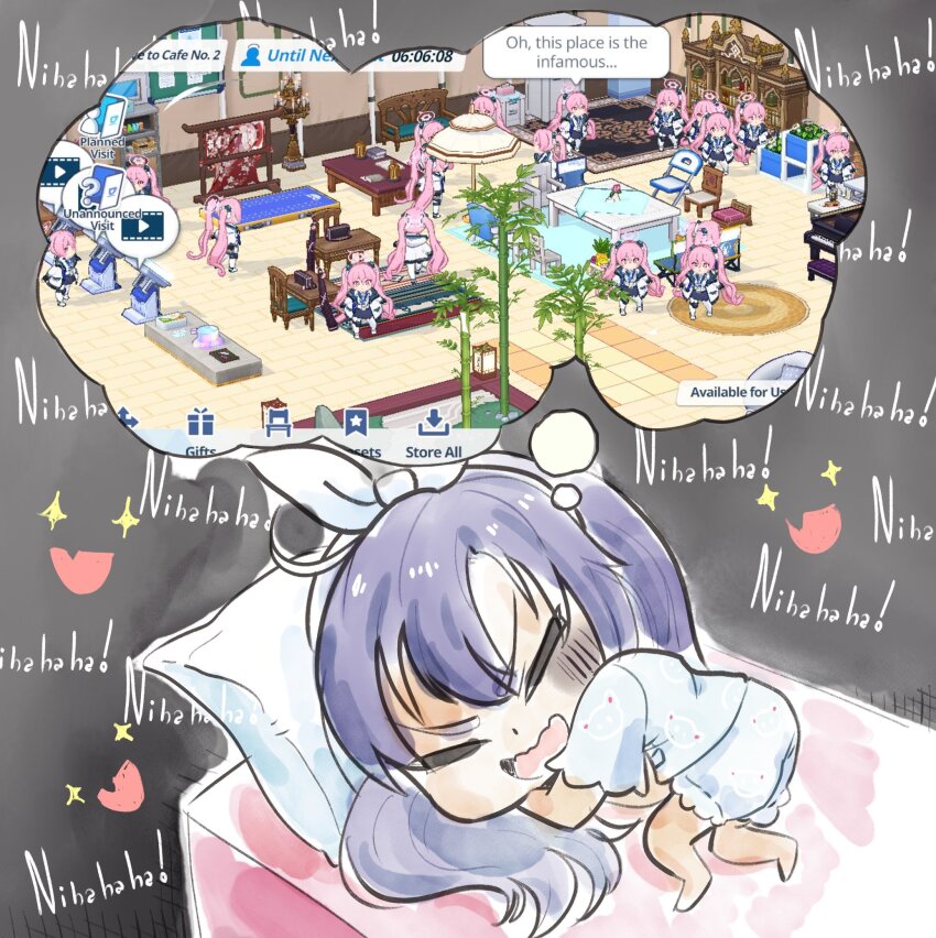 2girls, bamboo, blue_archive, blue_archive_2025_hack, chair, clone, closed_eyes, desk