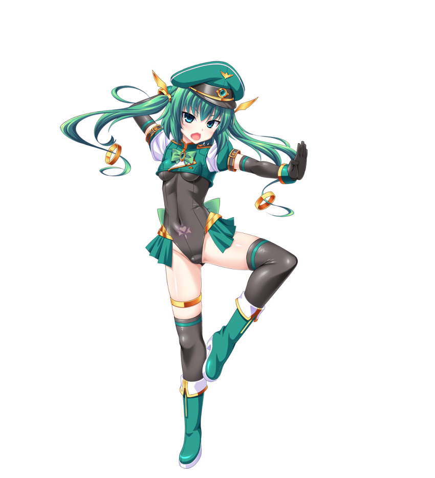 1girl, aoi_masami, aqua_eyes, black_gloves, black_thighhighs, boots, breasts, covered_navel, elbow_gloves, full_body, game_cg, gloves, green_eyes, green_hair, hat, highres, knight_lapis, large_variant_set, leotard, long_hair, looking_at_viewer, magical_girl, nina_wang_rockford, non-web_source, official_art, open_mouth, outstretched_arms, peaked_cap, self-datamine, showgirl_skirt, small_breasts, solo, standing, standing_on_one_leg, tachi-e, thighhighs, transparent_background, ts_magical_girl_nao, twintails, variant_set