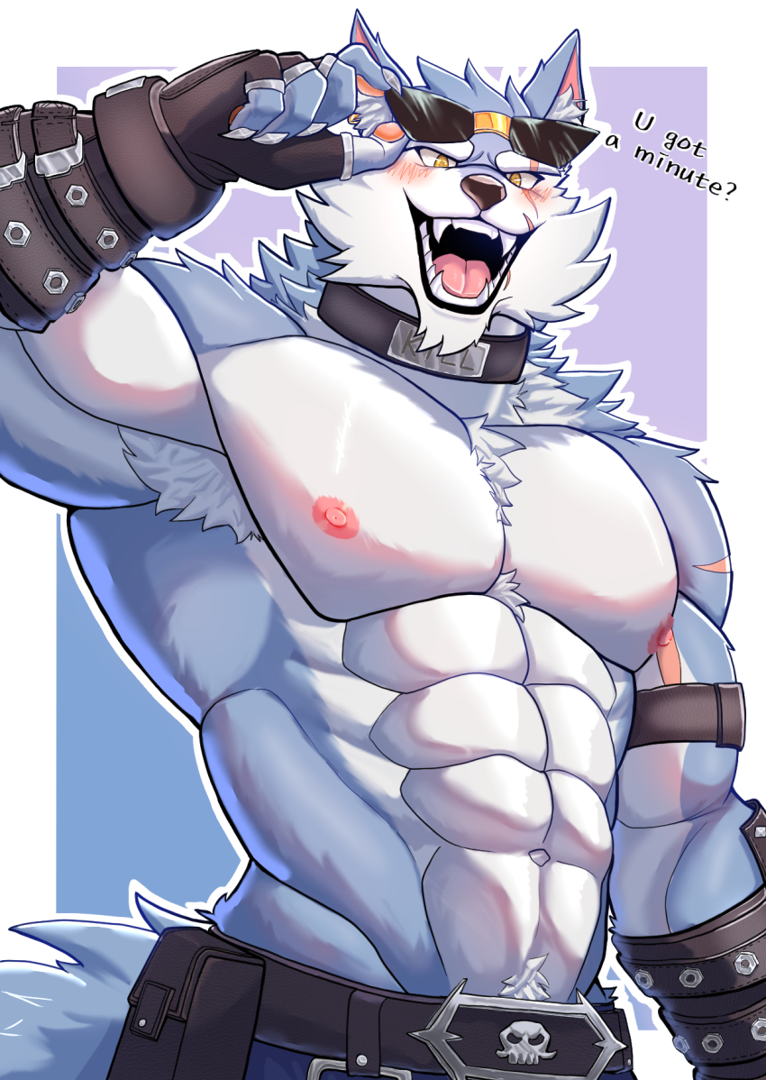 1boy, abs, animal_ears, bara, black_gloves, blush, claws, collar, commentary, dislyte, english_commentary, fangs, fingerless_gloves, freddy_(fenrir)_(dislyte), furry, furry_male, gloves, highres, looking_at_viewer, male_focus, multiple_scars, muscular, muscular_male, navel, nipples, open_mouth, pawpads, pectorals, redd_fur, scar, scar_across_eye, scar_on_arm, scar_on_face, scar_on_mouth, sunglasses, tail, topless_male, wolf_boy, wolf_ears, wolf_tail