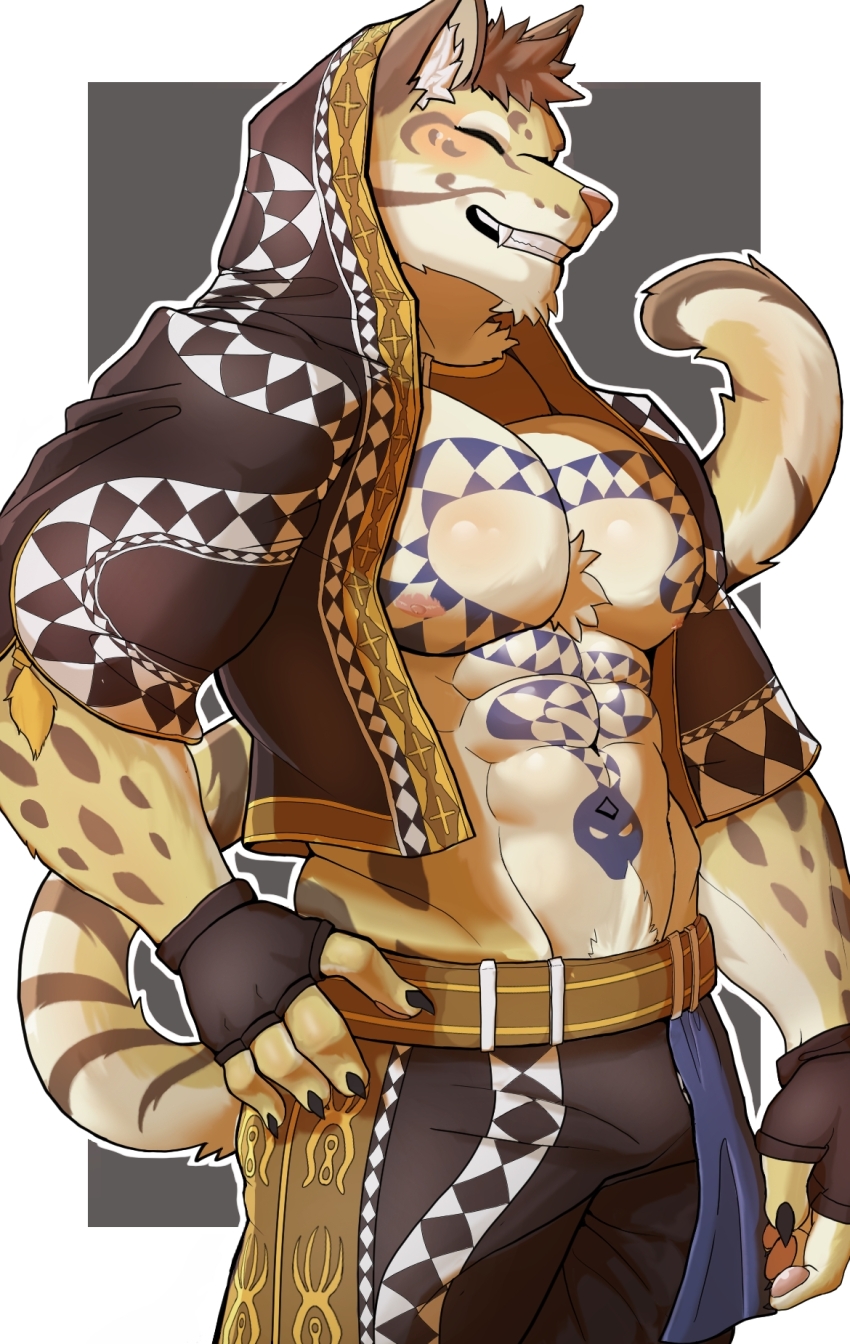 1boy, abs, animal_ears, bara, black_gloves, blush, brown_jacket, brown_shorts