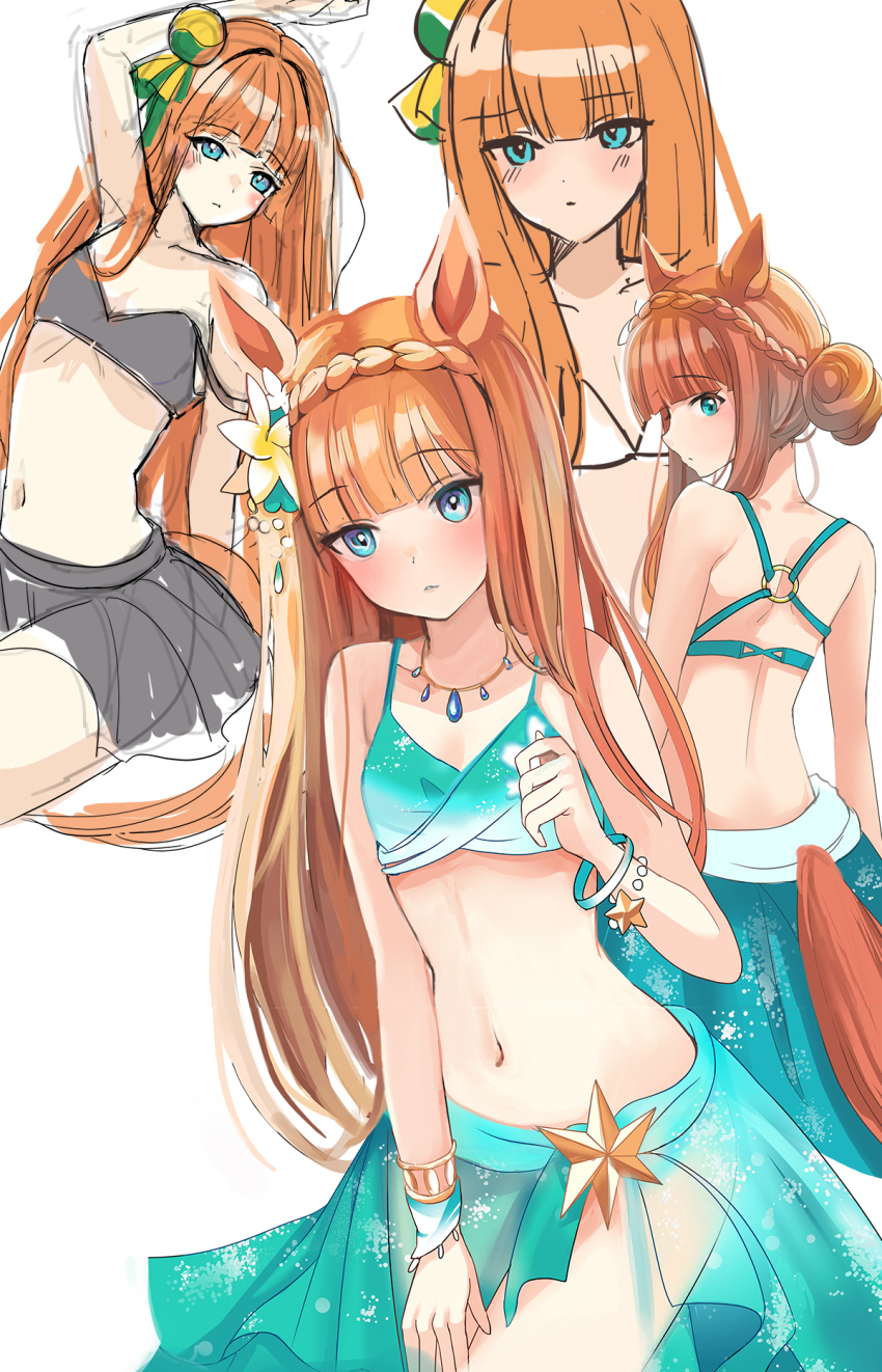 1girl, animal_ears, arm_up, bikini, black_bikini, black_skirt, blue_hair, blush