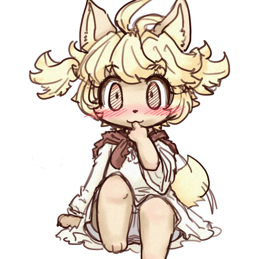 1girl, :3, absurdres, afterimage, animal_ears, animal_feet, animal_nose, arm_at_side, barefoot, blonde_hair, blush, body_fur, brown_fur, closed_mouth, dog_ears, dog_girl, dog_tail, dress, empty_eyes, female_focus, flat_chest, furry, furry_female, hand_to_own_mouth, hand_up, happy, highres, knee_up, little_tail_bronx, loli, long_sleeves, looking_at_viewer, mei_marzipan, neckerchief, orange_eyes, panties, pantyshot, red_leopard, red_neckerchief, senjou_no_fuuga, short_hair, sidelocks, simple_background, sitting, sketch, smile, solo, straight-on, tail, tail_wagging, two_side_up, underwear, upskirt, white_background, white_dress, white_panties, wide_sleeves