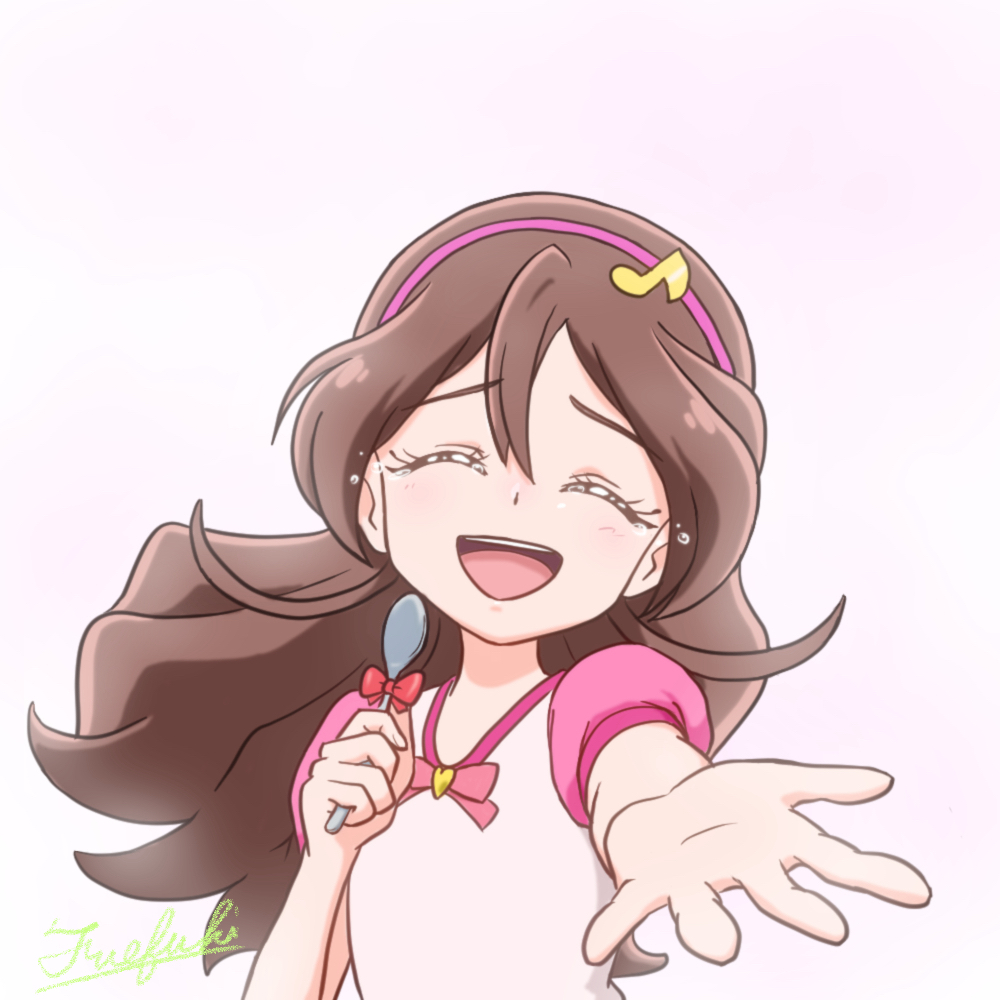 1girl, :d, ^_^, artist_name, blush, bow, brown_hair, closed_eyes, commentary, double-parted_bangs, eighth_note, facing_viewer, fortissimo, fuefukipiper, furrowed_brow, hair_between_eyes, hair_ornament, hairband, happy_tears, holding, holding_spoon, kimi_to_idol_precure, long_hair, musical_note, musical_note_hair_ornament, open_hand, open_mouth, outstretched_hand, pink_background, pink_bow, pink_hairband, pink_shirt, precure, puffy_short_sleeves, puffy_sleeves, reaching, reaching_towards_viewer, red_bow, sakura_uta_(precure), shirt, shirt_bow, short_sleeves, signature, smile, solo, spoon, spoon_bow, spread_fingers, tears, teeth, upper_body, upper_teeth_only