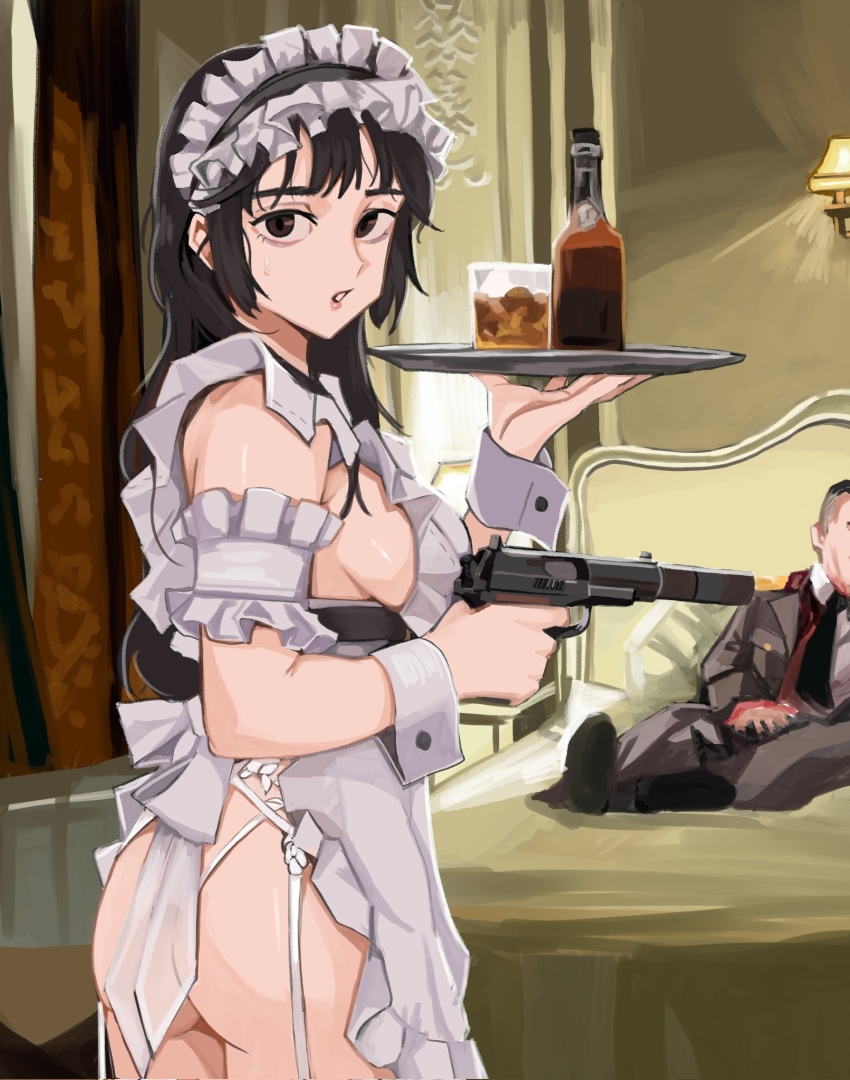 1boy, 1girl, ass, bed, bedroom, black_eyes, black_hair, breasts, cup, drinking_glass, finger_on_trigger, from_behind, gun, handgun, highres, holding, holding_gun, holding_tray, holding_weapon, lamp, long_hair, looking_at_viewer, looking_to_the_side, maid, maid_headdress, on_bed, original, pb_pistol, solo_focus, suppressor, thighs, tray, unconventional_maid, wani_(perfect_han), weapon, white_wrist_cuffs, wrist_cuffs