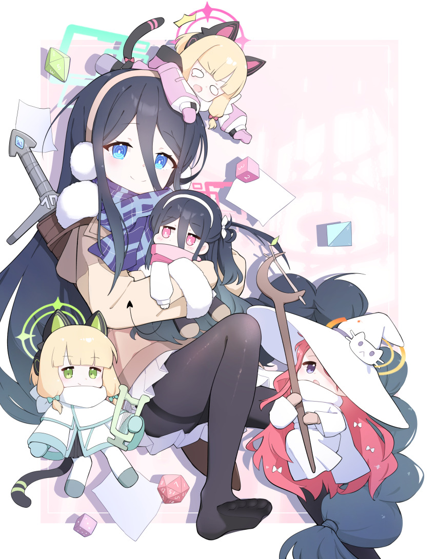 5girls, absurdly_long_hair, absurdres, animal_ear_headphones, animal_ears, aris_(blue_archive), aris_(winter)_(blue_archive), black_hair, black_pantyhose, black_skirt, blonde_hair, blue_archive, blue_eyes, blue_scarf, brown_jacket, cat_tail, chibi, commentary_request, dice, dress, fake_animal_ears, fur-trimmed_jacket, fur_trim, game_development_department_(blue_archive), gloves, green_eyes, halo, hat, headphones, highres, holding, holding_hands, holding_harp, holding_staff, jacket, kei_(blue_archive), kurana_(atlas), long_hair, looking_at_viewer, midori_(blue_archive), midori_(winter)_(blue_archive), mini_person, mini_person_on_head, minigirl, momoi_(blue_archive), momoi_(winter)_(blue_archive), multiple_girls, no_shoes, o_o, pantyhose, pink_background, pink_eyes, pink_gloves, pink_jacket, plaid_clothes, plaid_scarf, polyhedral_dice, purple_eyes, rectangular_halo, red_hair, scarf, simple_background, skirt, smile, staff, sword, sword_on_back, tail, thighband_pantyhose, very_long_hair, weapon, weapon_on_back, white_background, white_dress, white_hat, white_jacket, white_pantyhose, witch_hat, yuzu_(blue_archive)