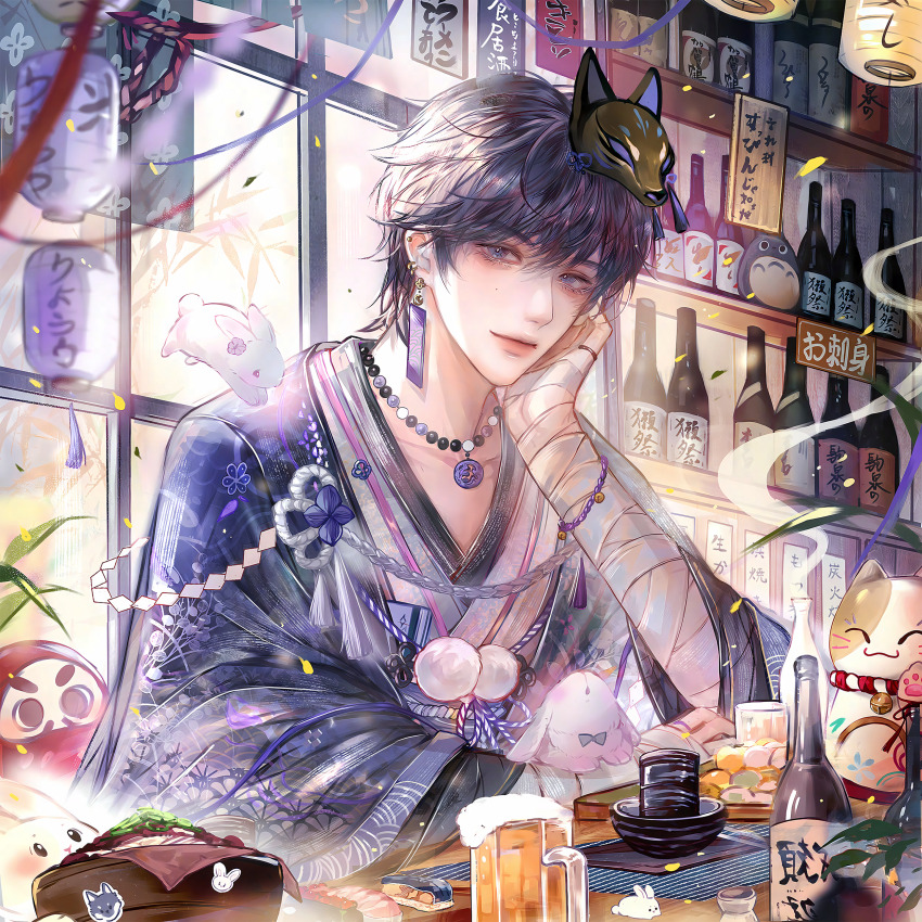1boy, absurdres, alcohol, beads, beer_mug, black_hair, blue_eyes, bottle