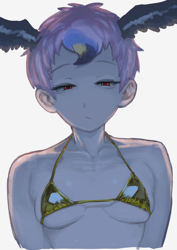 1girl, :/, arms_at_sides, backlighting, bikini, bird_wings, black_hair, blonde_hair