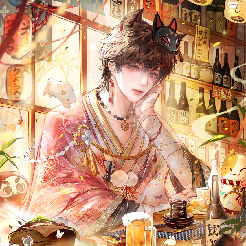 1girl, absurdres, blue_kimono, bow, bowl, braid, brown_eyes, brown_hair