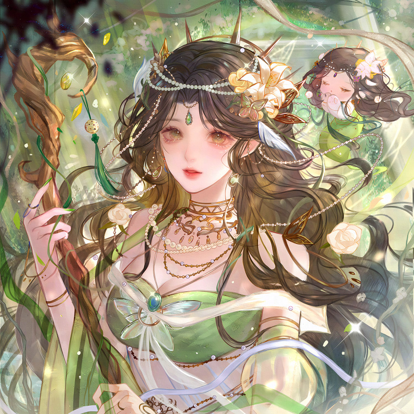 1girl, brown_hair, chibi, dress, earrings, flower, green_dress, green_eyes