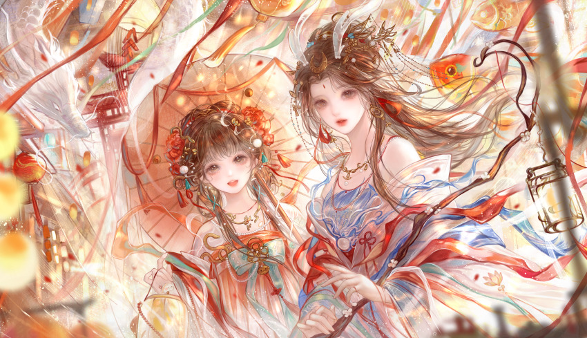 2girls, bird, brown_hair, chinese_clothes, dress, flower, hair_flower, hair_ornament