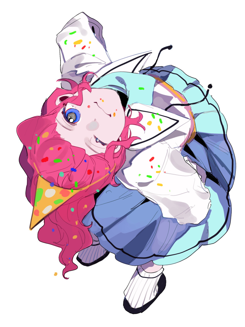 1girl, bent_back, black_shoes, blue_dress, blue_eyes, closed_mouth, dress, equestria_girls:_summertime_shorts