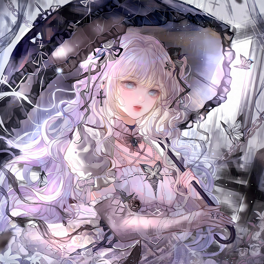 1girl, blue_eyes, bow, bug, butterfly, cross, dress, earrings, gloves, hair_ornament, hair_ribbon, highres, holding, holding_umbrella, insect, jewelry, large_variant_set, long_hair, looking_at_viewer, mole, mole_under_eye, necklace, original, parted_lips, puffy_short_sleeves, puffy_sleeves, qingluanluan, rain, ribbon, ring, short_sleeves, solo, umbrella, upper_body, variant_set, white_dress