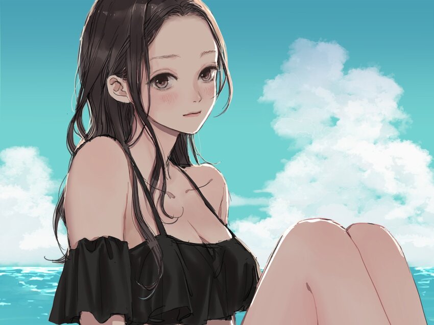 1girl, ayukonote, bare_shoulders, bikini, blush, breasts, brown_eyes, brown_hair