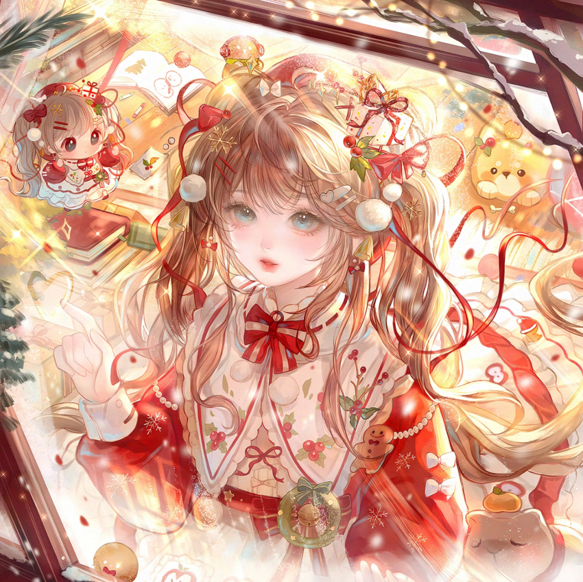 1girl, blue_eyes, book, bow, brown_hair, chibi, christmas, christmas_ornaments, dress, food, hair_ornament, hairclip, hat, highres, long_hair, long_sleeves, looking_at_viewer, original, qingluanluan, red_dress, ribbon, stuffed_animal, stuffed_toy, teddy_bear, twintails, window
