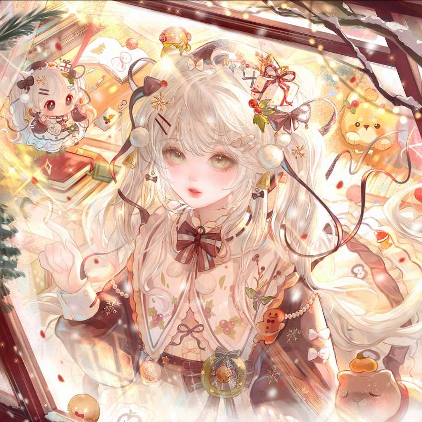 1girl, book, bow, christmas, dress, food, green_eyes, hair_ornament