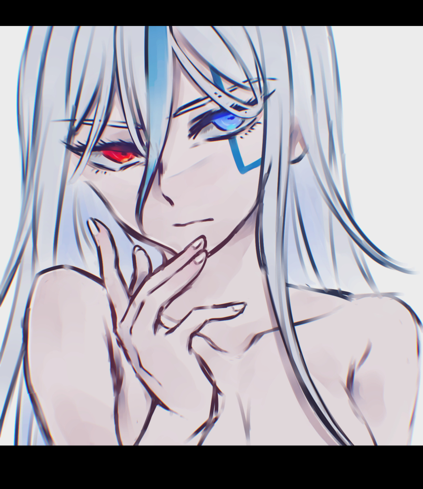 201_(yield), black_border, blue_eyes, blue_hair, blue_streaks, border, collarbone, expressionless