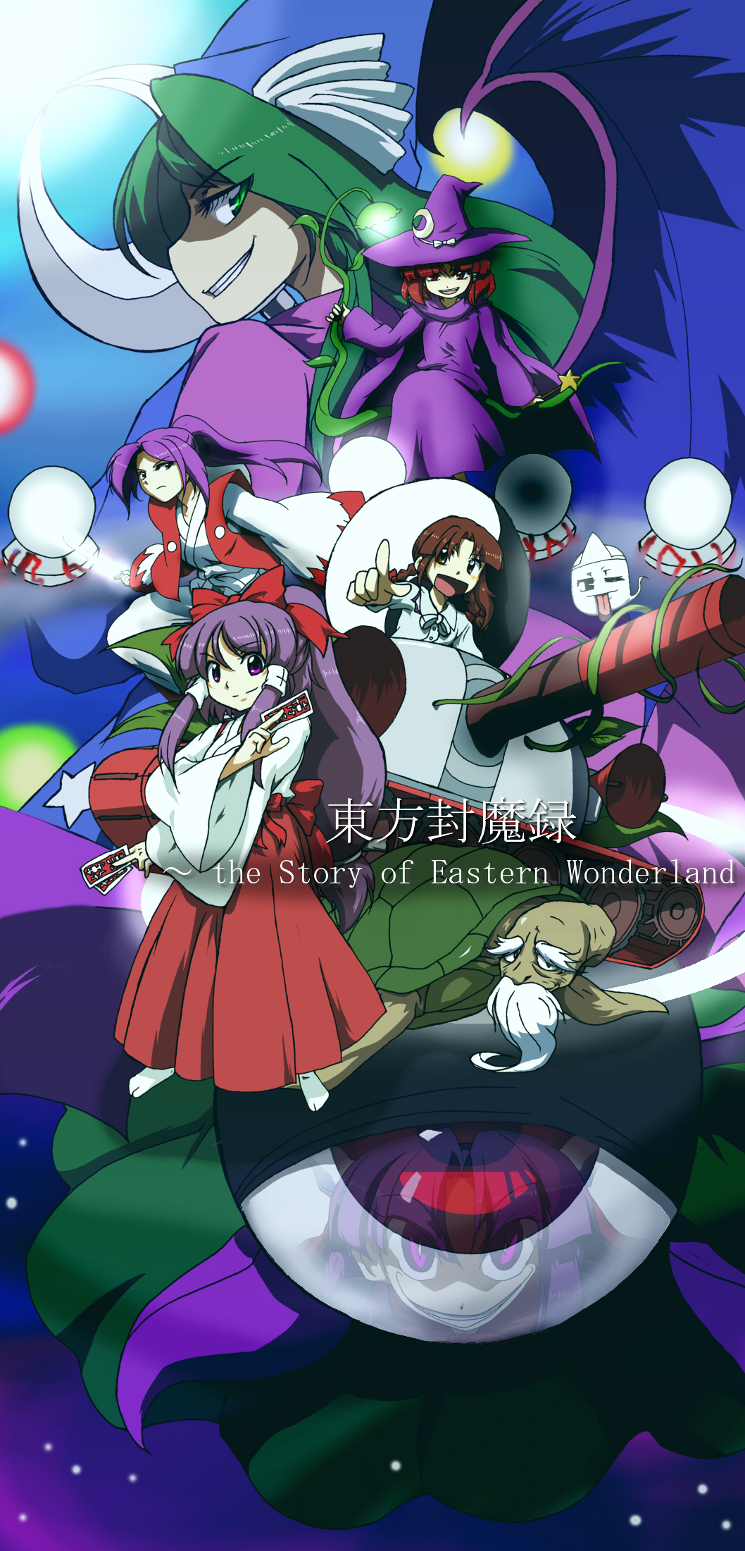 5girls, bakebake_(touhou), bat_wings, bow, braid, brown_hair, caterpillar_tracks, crescent