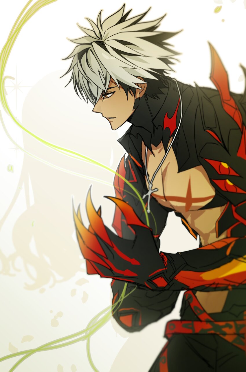 absurdres, armor, belt, black_armor, black_hair, cross, cross_necklace, elsword, highres, jewelry, mechanical_arms, necklace, rage_hearts_(elsword), raven_cronwell, scar, scar_on_chest, seris_(elsword), shu_pernova, single_mechanical_arm, spiked_hair, white_hair, yellow_eyes